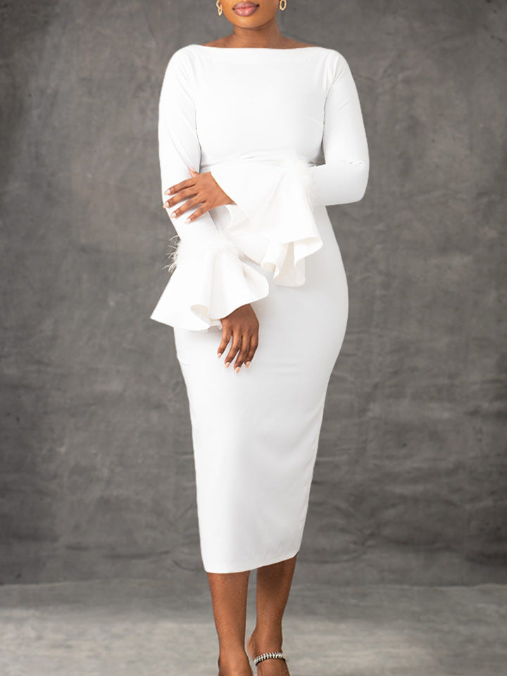 Women's Winter Fashion Solid Color Bodycon Bell Bottom Sleeve Ol African Dress 6