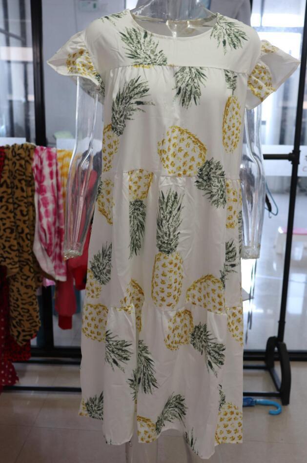 Plus Size Women Summer Dress Round Neck Pink Maple Leaf Casual Beach Dress 36