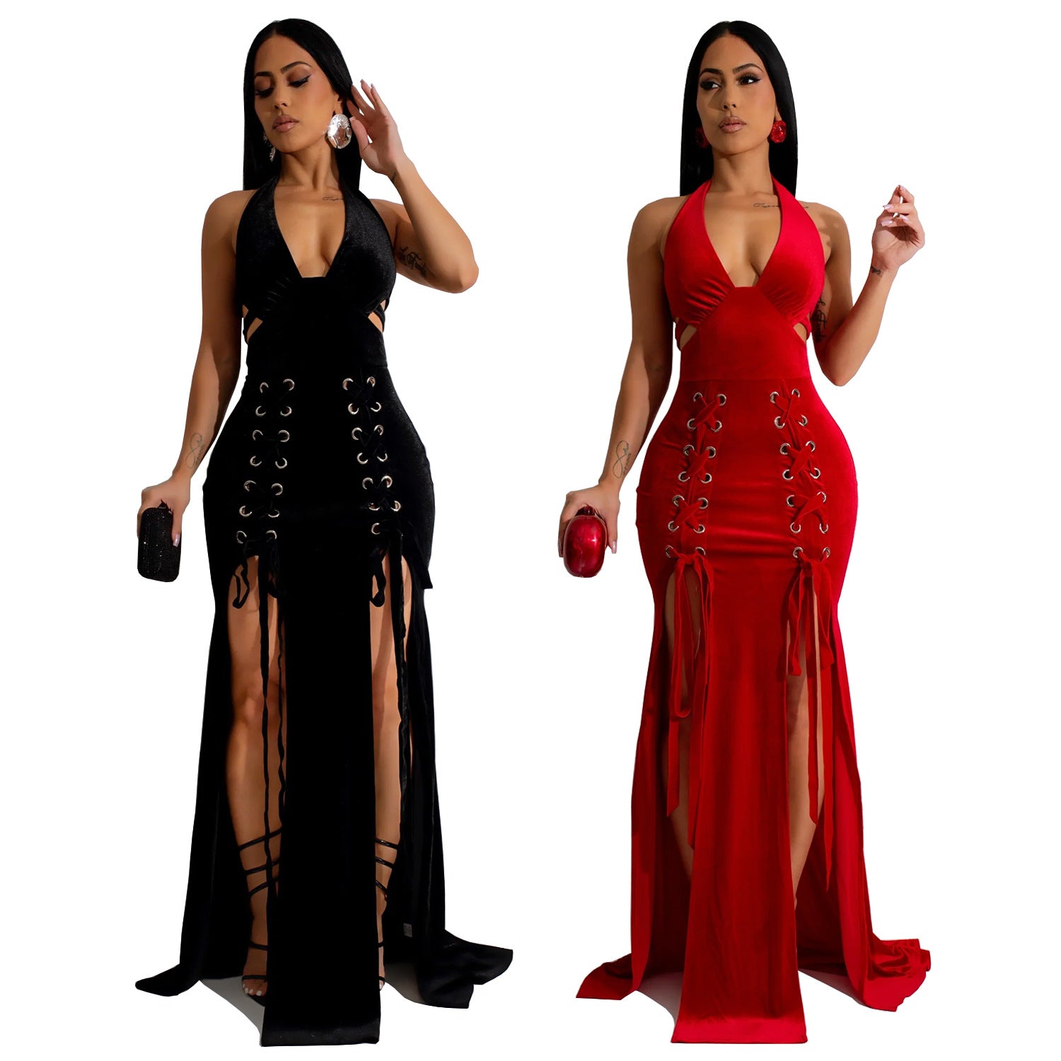 Fashion Women's Halter Neck Arm Sexy Slit Long Dress 7