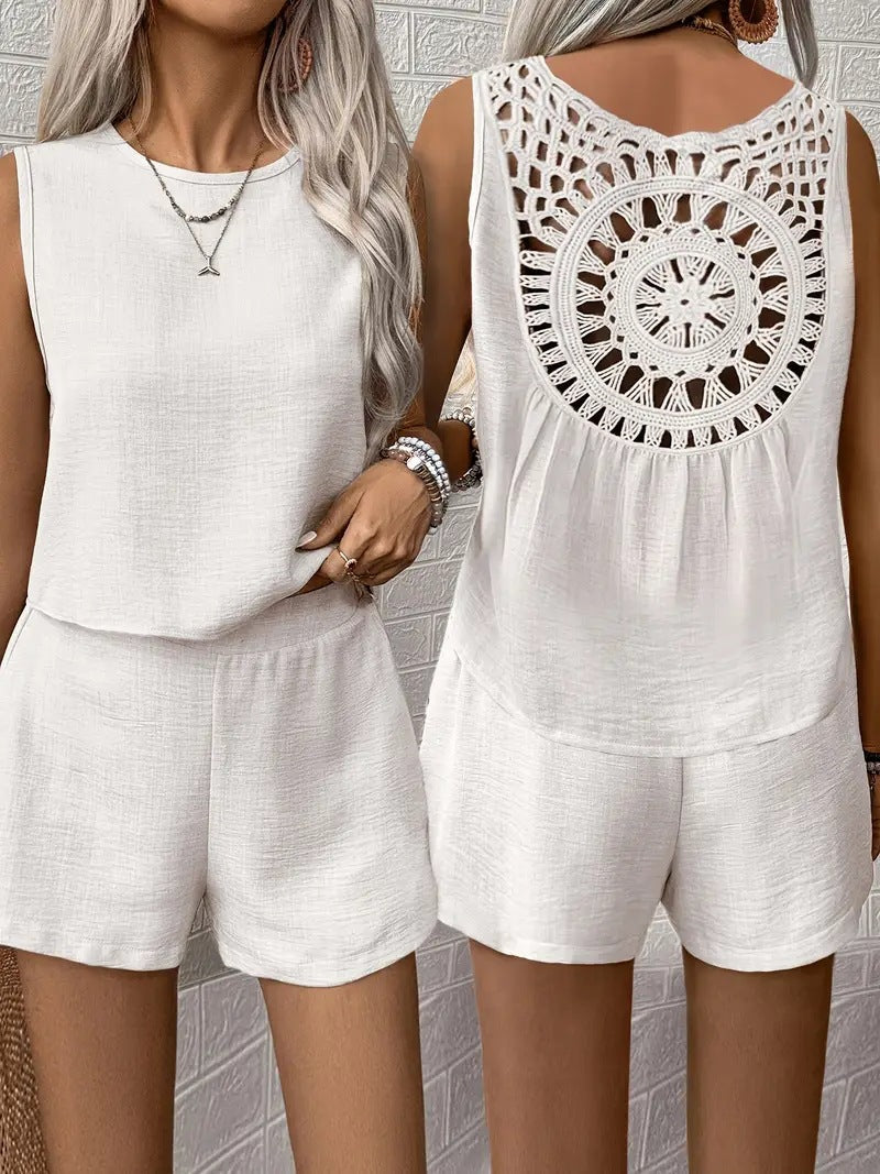 Women Summer Sleeveless Solid Hollow Lace Top and Shorts Two Piece 10