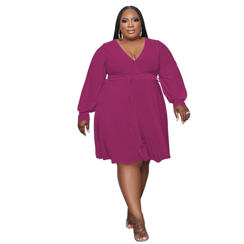 Women's Solid Color Cross V-Neck Belt Loose Knitting Plus Size Dress 6