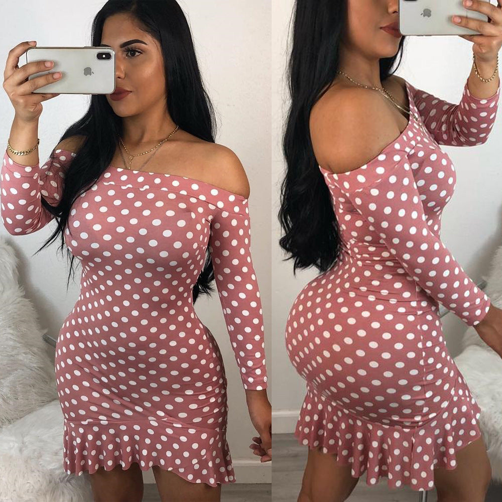 Women Sexy Off-Shoulder Polka Dot Print Ruffle Hem Dress