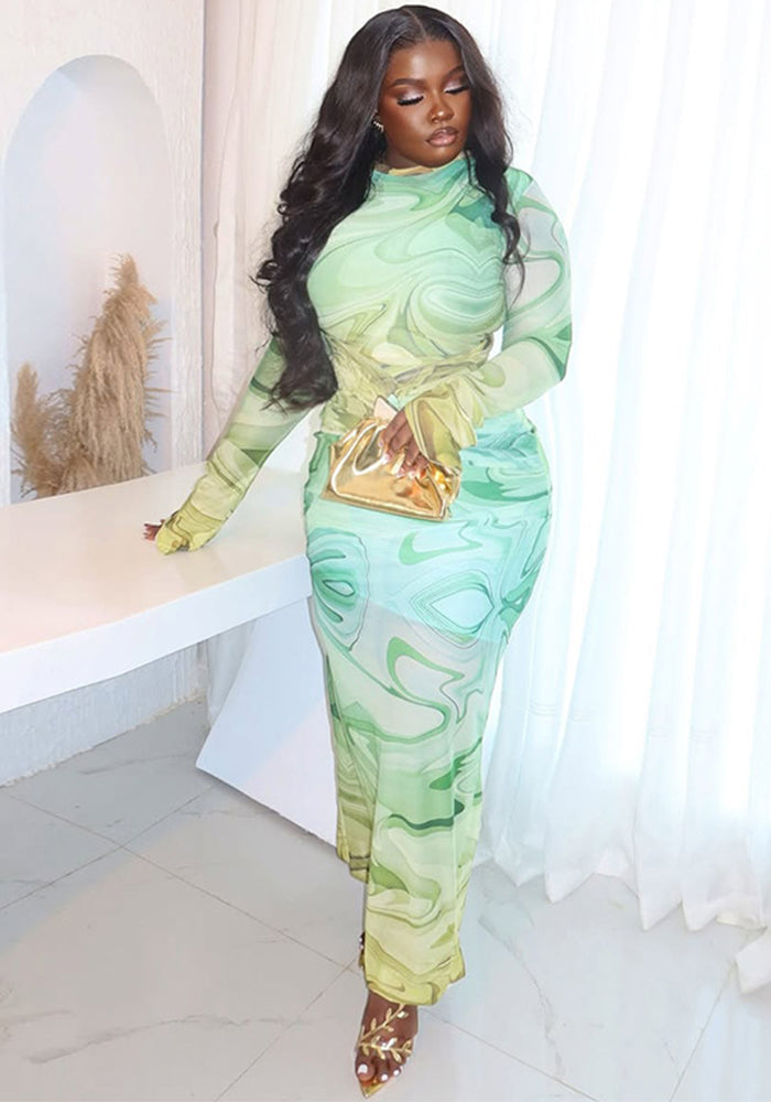 Chic Printed Women's Slim Fit High Neck Long Sleeve Bodycon Dress