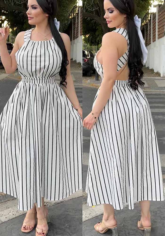 Women Striped Round Neck Sleeveless Backless Cross Straps Dress