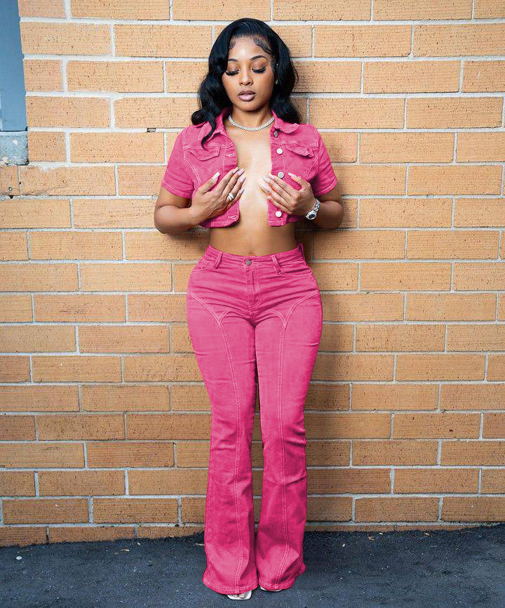 Spring And Summer Denim Short Sleeve Suit Solid Color Jacket Bell Bottom Stretch Pants Two Piece Set 5