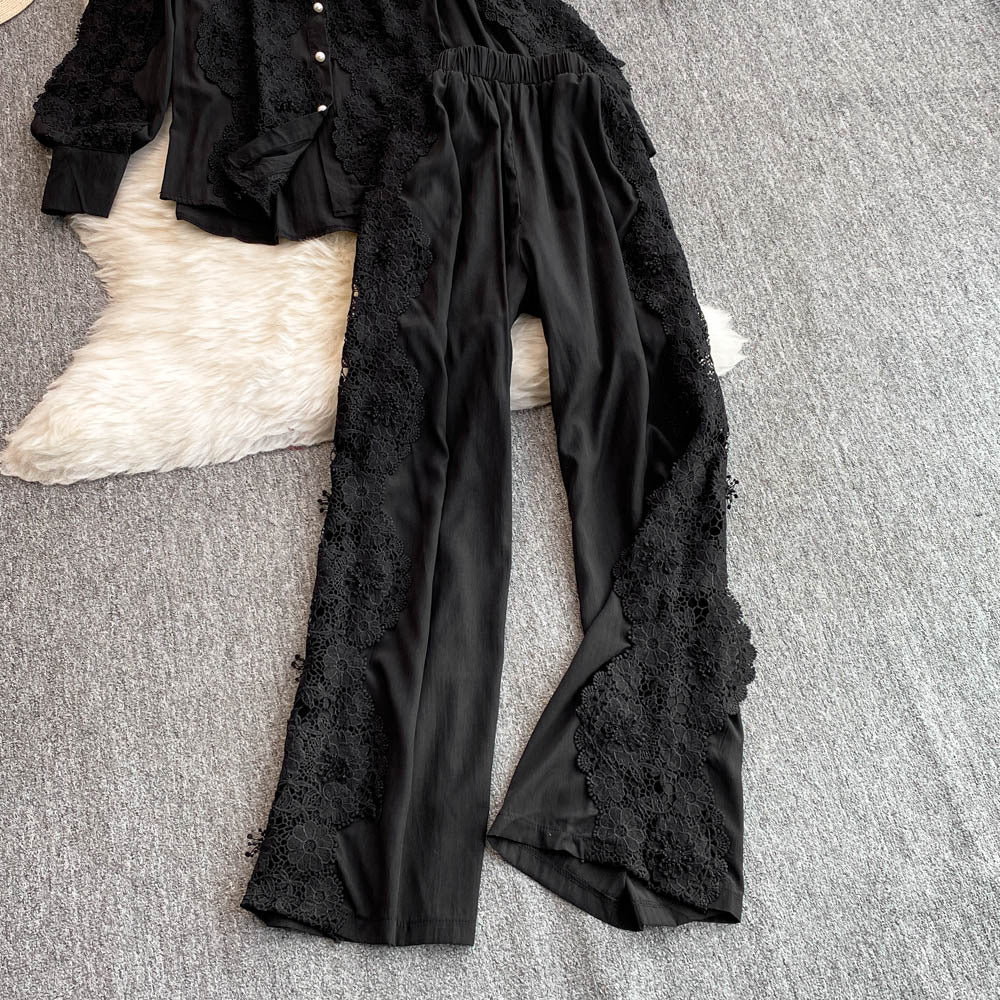Women French Lace Patchwork Long Sleeve Shirt Wide Leg Pants Two Piece 12