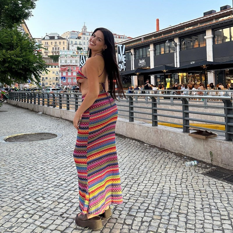 Women Summer Sleeveless Halter Neck Lace-up Strapless Top Bodycon SkirtTwo Piece Set 4