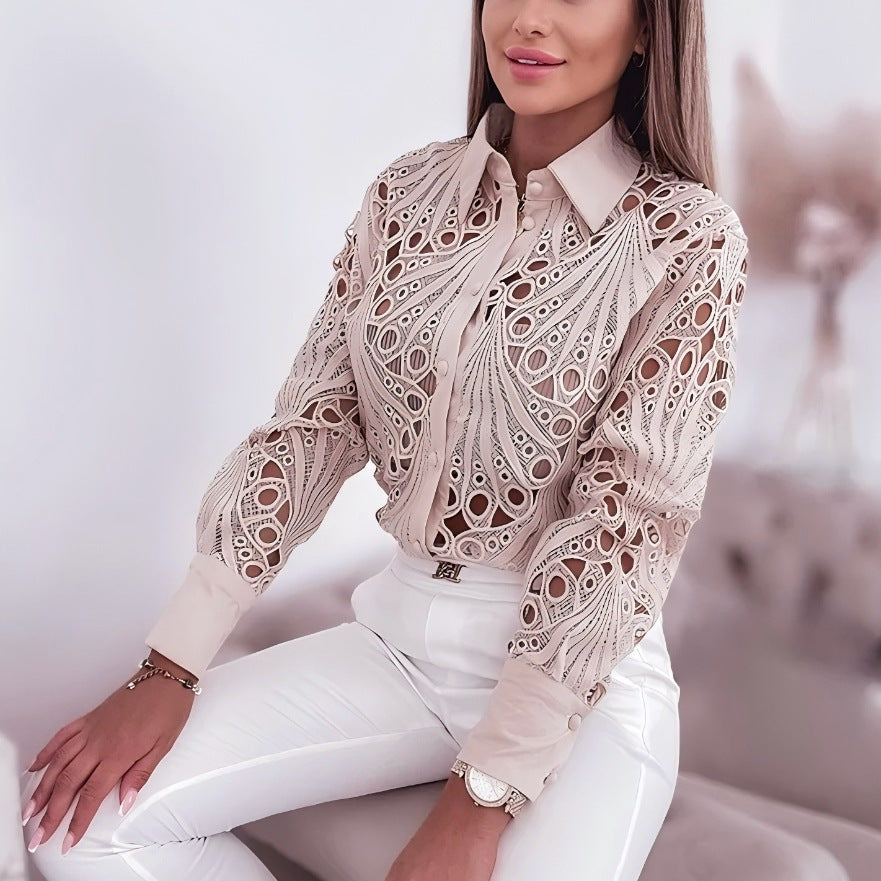 Spring Autumn Career Women Fashion Lace Hollow Long-Sleeved Shirt 6