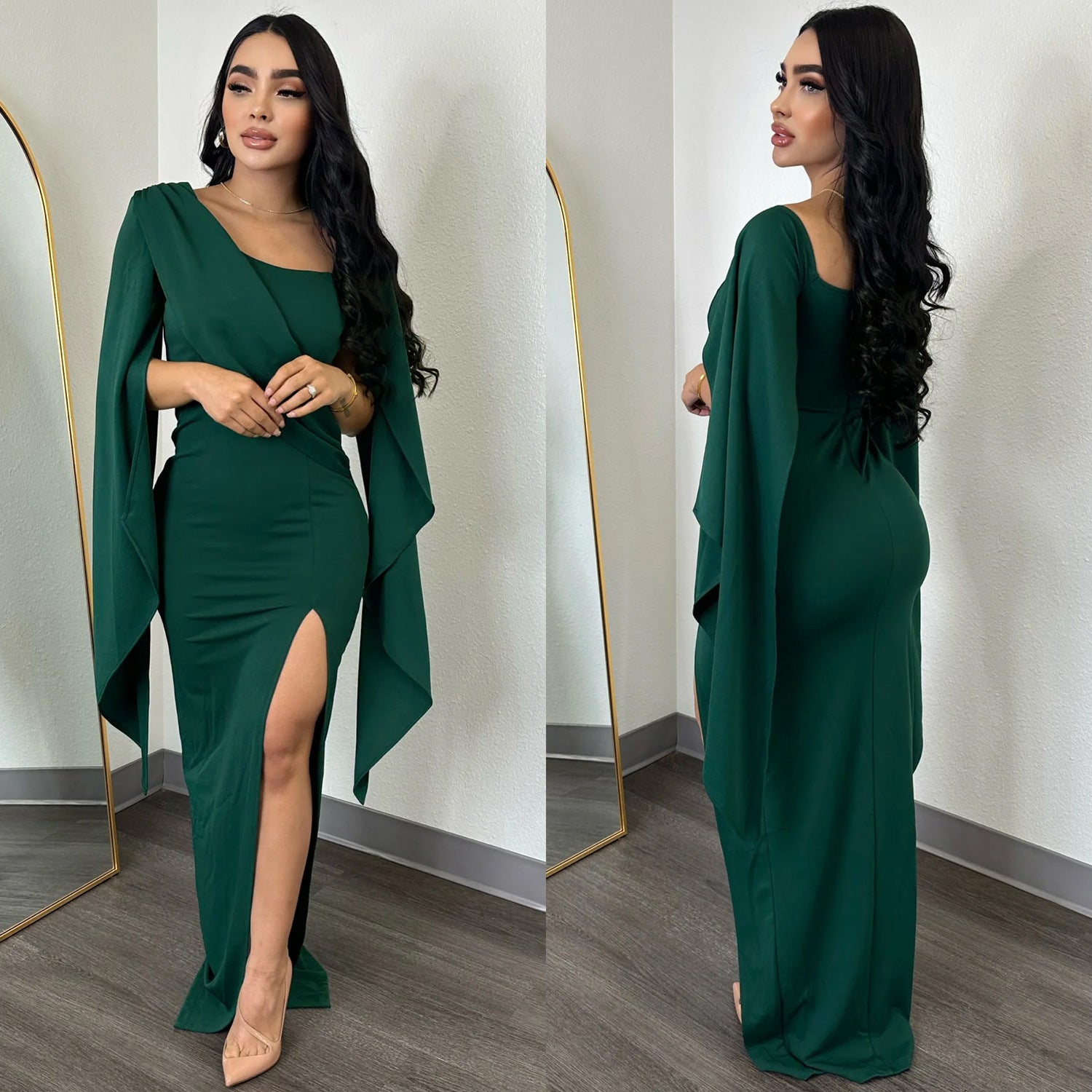 Fashion Women's Solid Color Long Sleeve Slit Pleated Maxi Dress 4