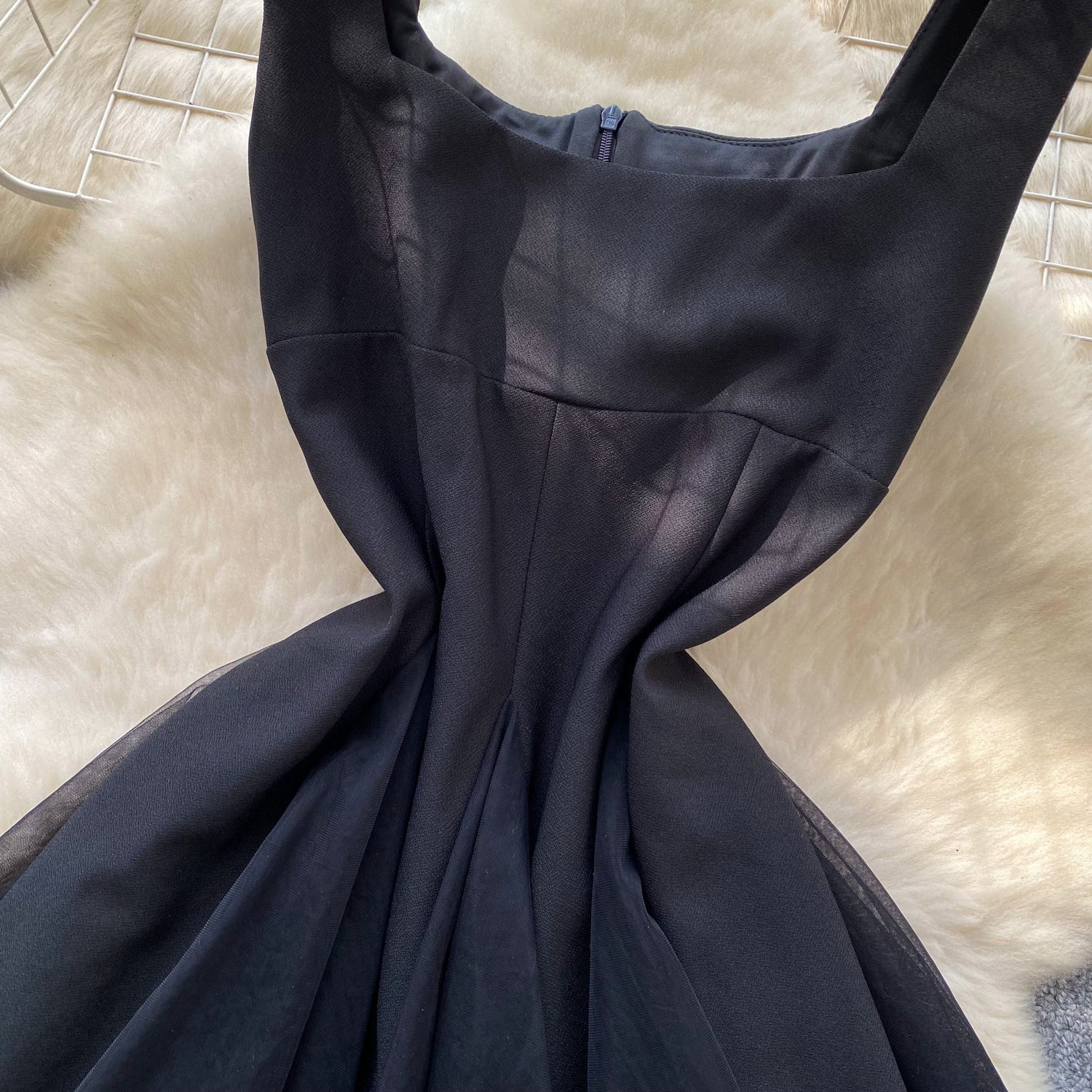 Women's Summer Square Neck Strap Mesh Patchwork Puffy Long Dress 22