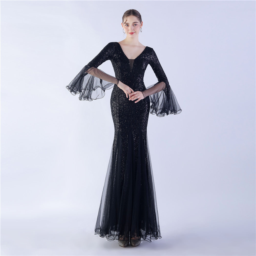 Elegant Flare Mesh Patchwork Mermaid Wedding Dinner Sequins Evening Dress 13