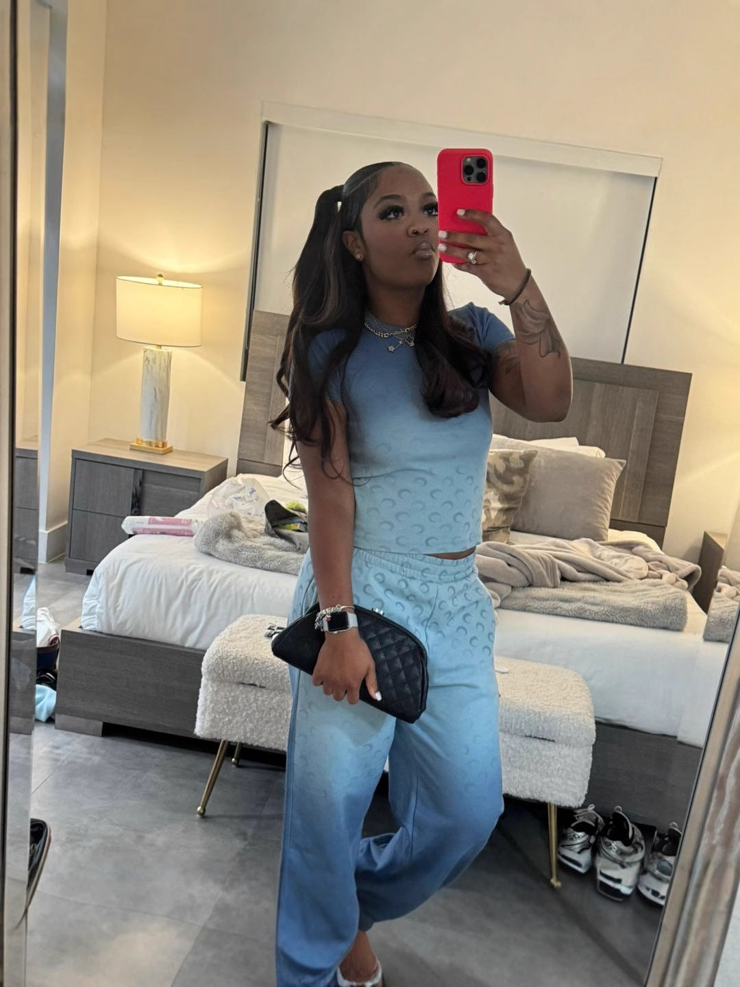 Autumn Women's Street Trend Style Slim Fit Moon Print Gradient Short Sleeve T-Shirt and Pants Two-Piece Set 4