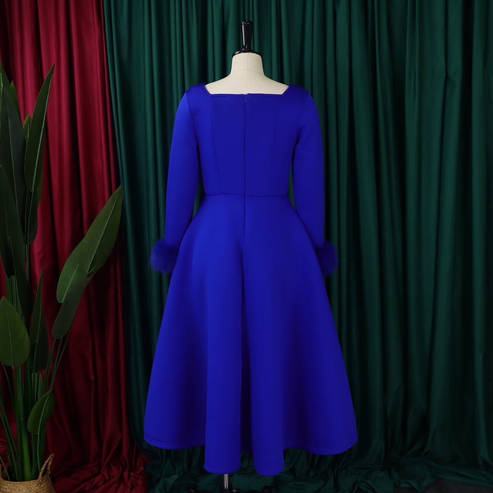 Winter Chic Elegant Fur Decorated Long Sleeve A-Line African Party Dress 26