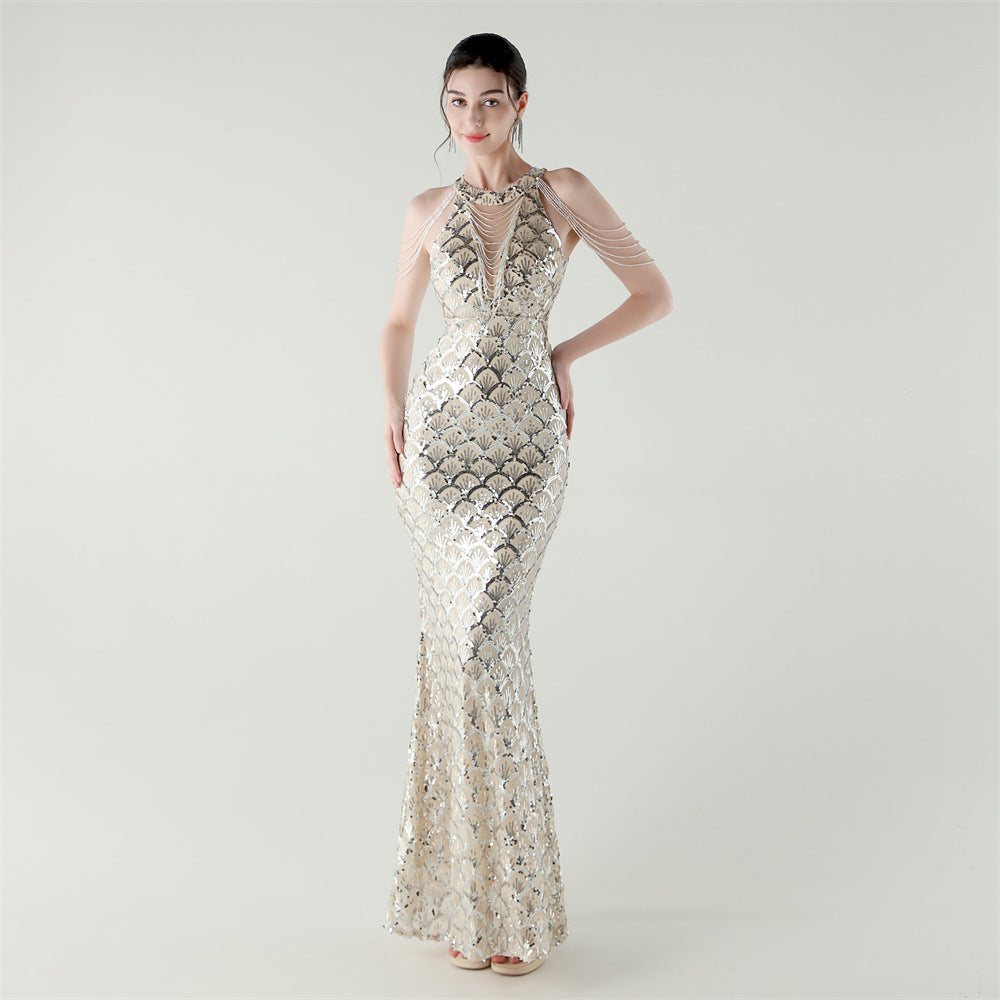 Elegant Chain-Decorated Fishtail Sequin Evening Dress for Formal Ceremonies 16