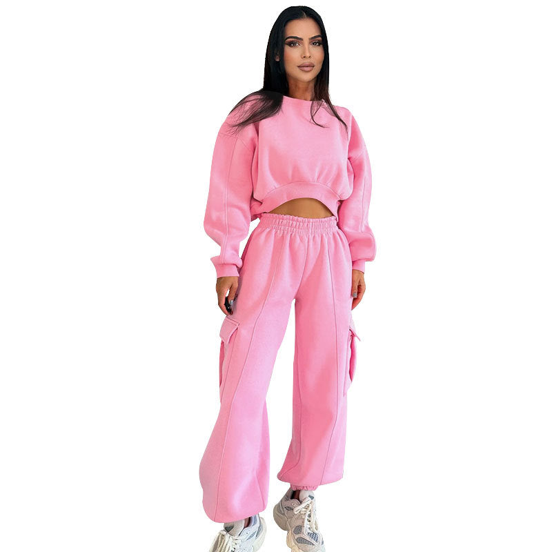 Women's Autumn Round Neck High Waist Hoodies Pocket Loose Sweatpants Suit 5