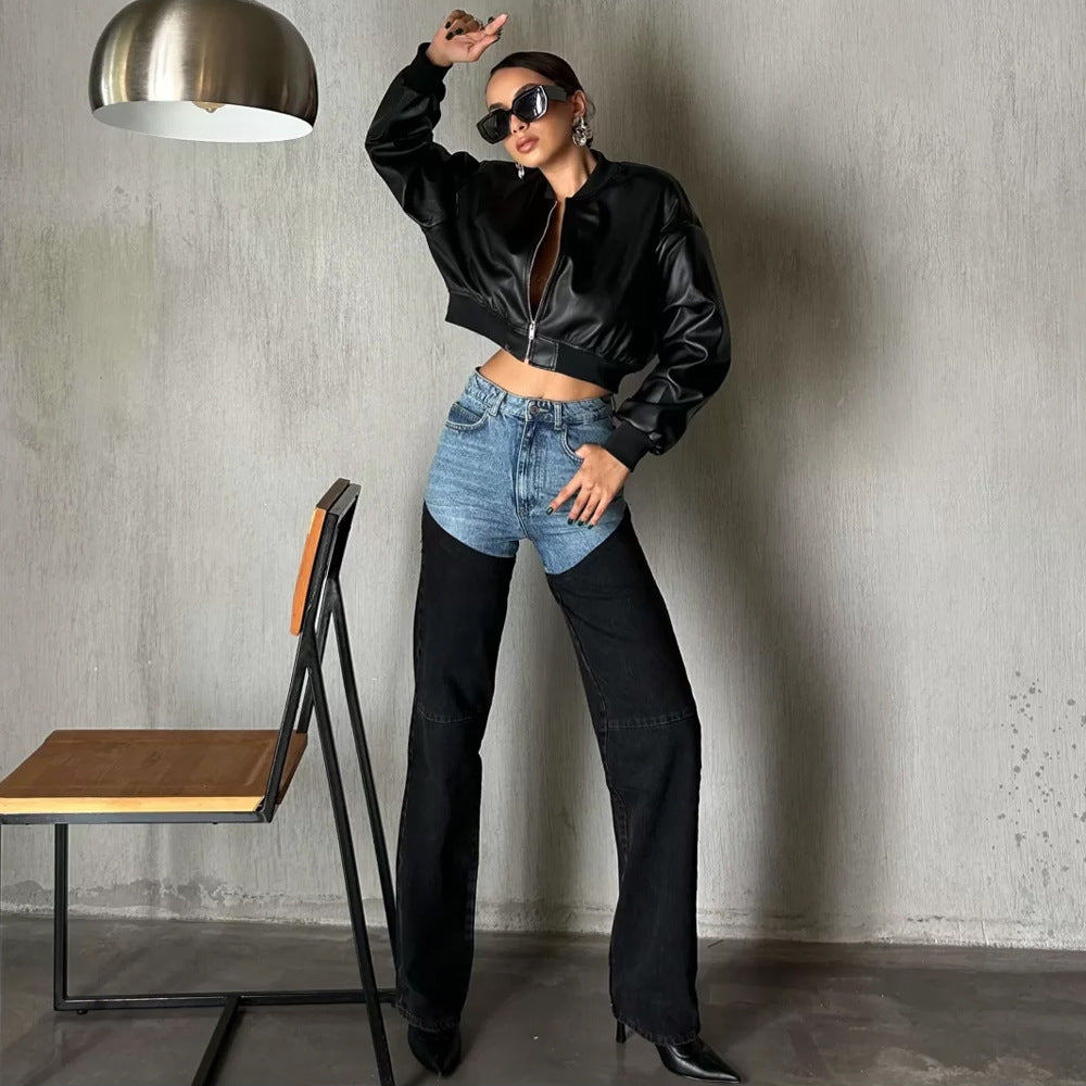 Women Spring Color Patchwork Denim Wide-leg pants