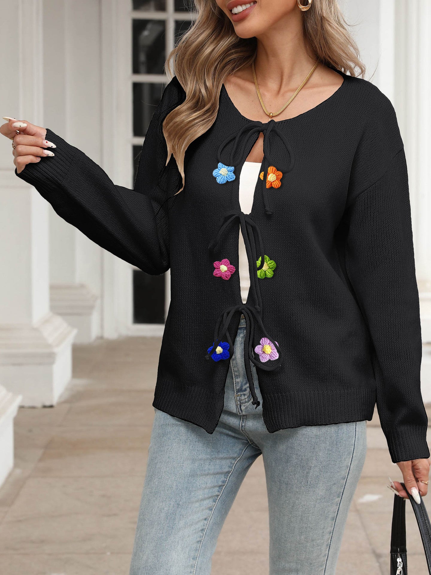 Women's Knit Outerwear Autumn Winter Lace-Up Bow Crochet Patchwork Cardigan 3