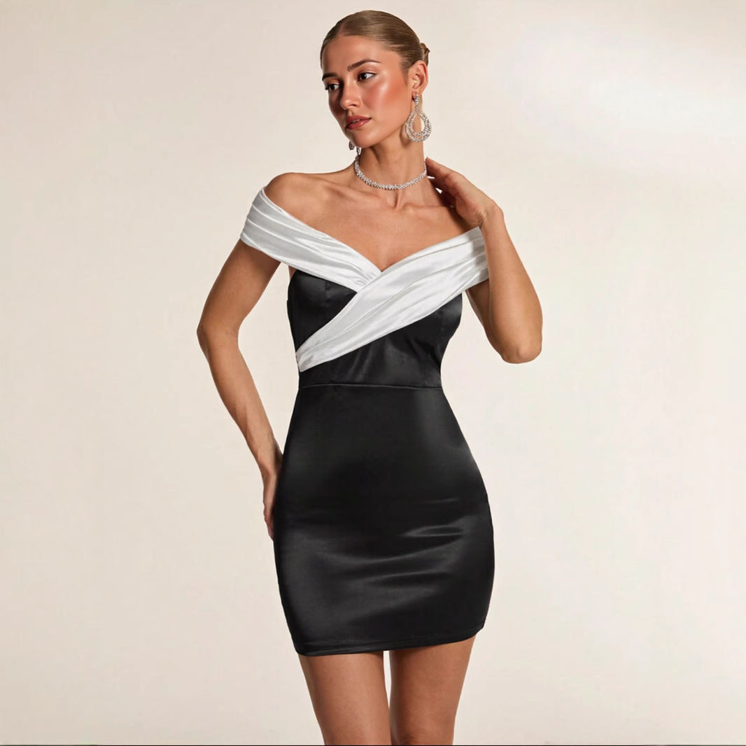 Women Black and White Off Shoulder Backless Bodycon Cocktail Mini Dress 4