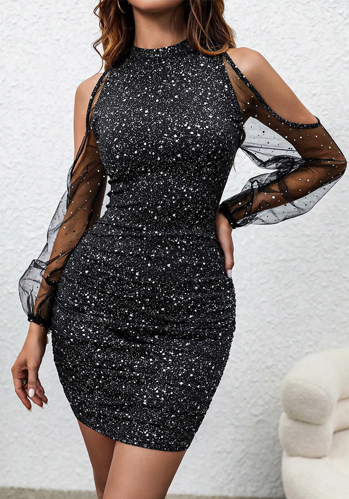 Women Round Neck Off-Shoulder Mesh Patchwork Long Sleeve Dress