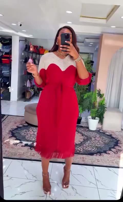 Beaded Plus Size African Fashion Bat Sleeve Color-Block Midi Loose Women's Dress 4