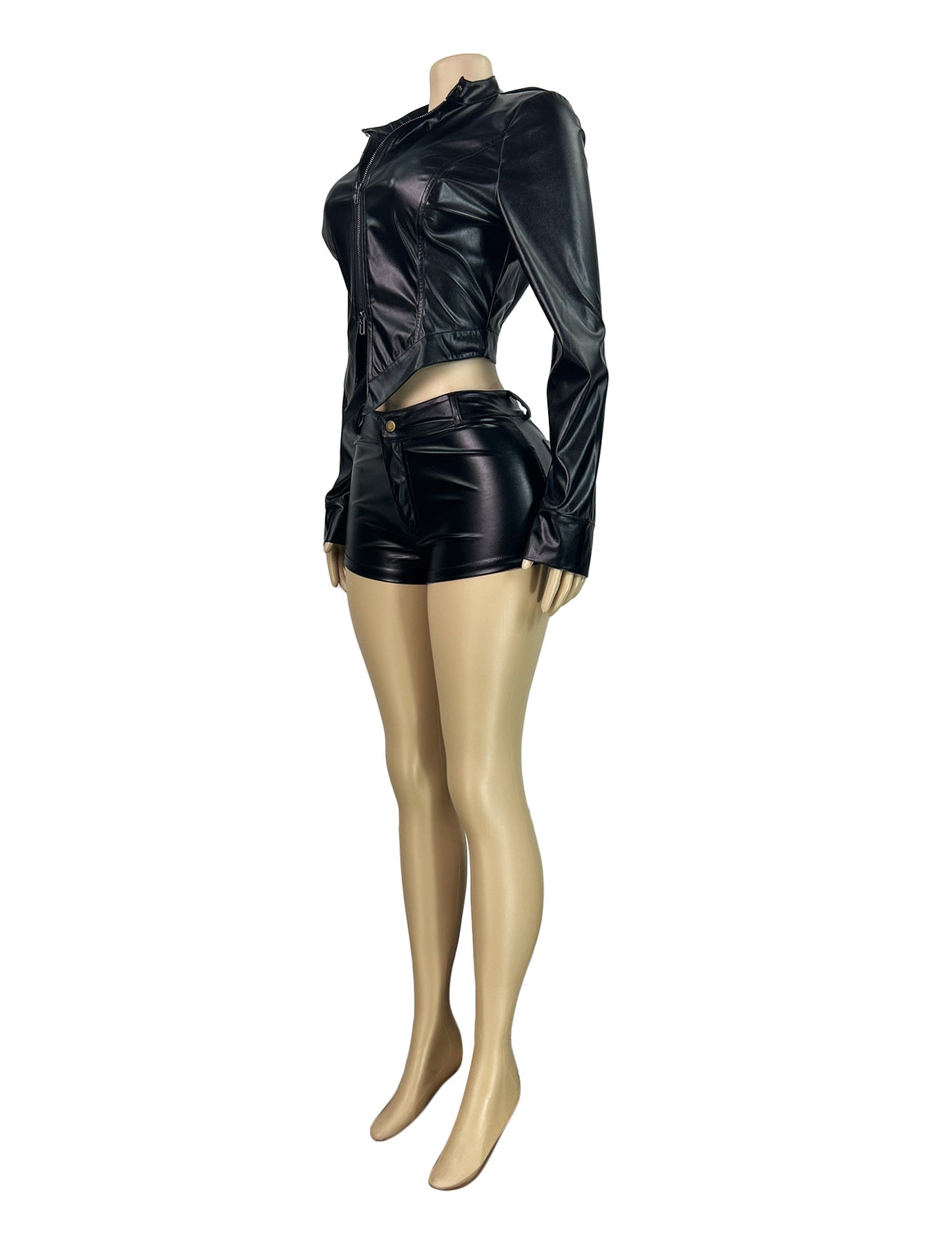 Fashion Women's Leather Stand Collar Zipper Long Sleeve Top Shorts Two-Piece Set 12