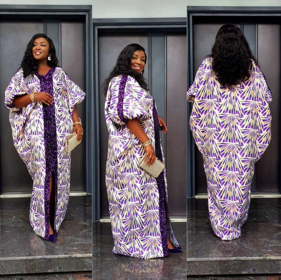 Muslim Patchwork Printed Robe African Loose Printed Sequined V-Neck Dress