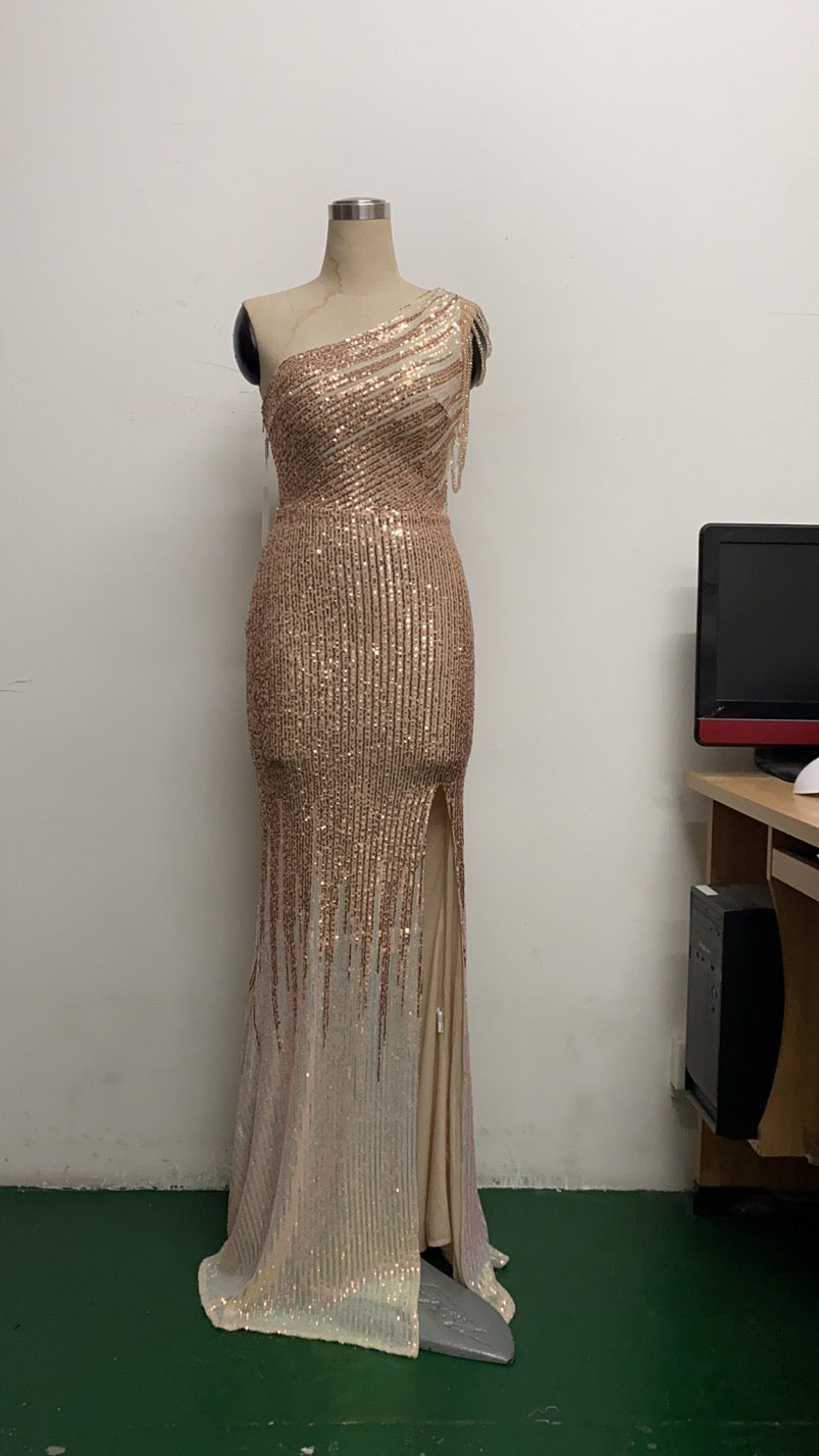 Summer Occassional Sequins Goden Side Slit One Shoulder Long Evening Dress 6