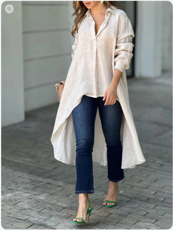 Women Fall Long-sleeved Solid Turndown Collar Shirt 11