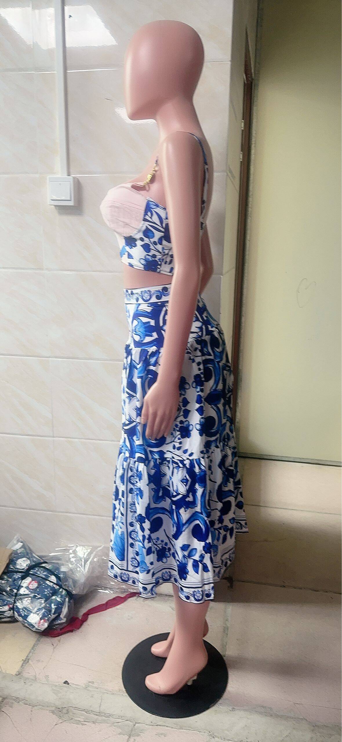 Printed Strap Top A-Lini Long Skirt Two-Piece Set 11