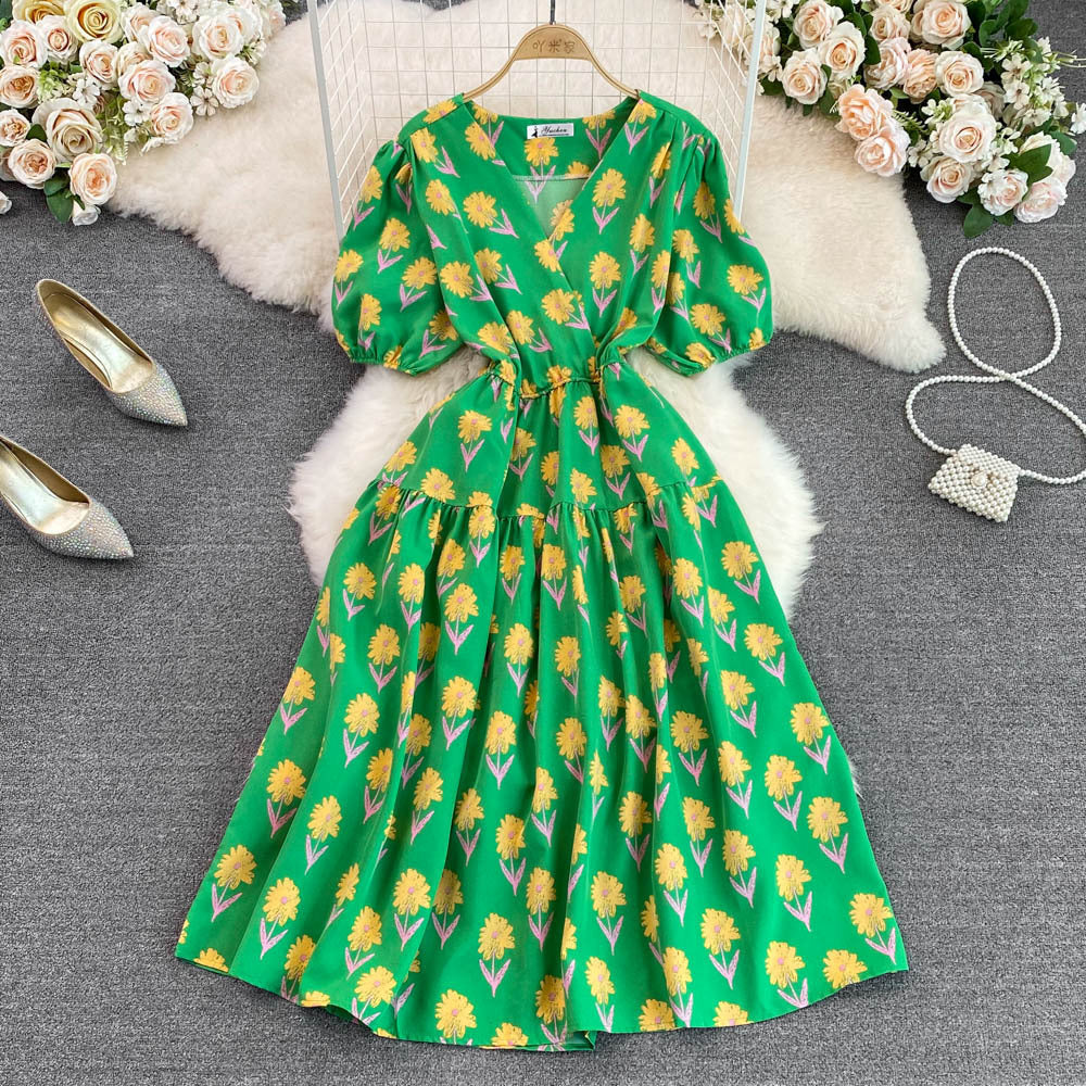 Women Summer V-Neck Puff Sleeve Floral Dress 4