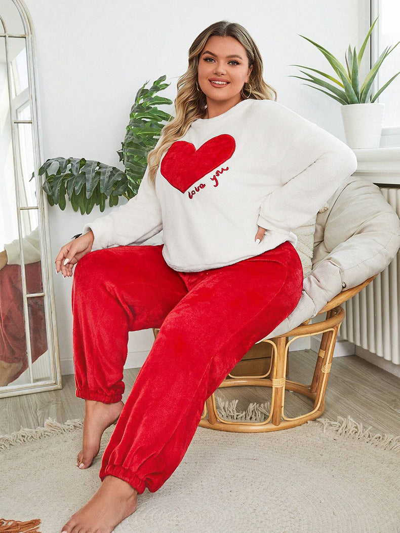 Flannel Heart Printed Casual Long Sleeves Pajamas Set Plus Size Women's Home Clothes 4