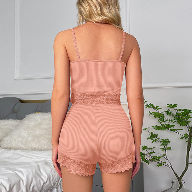 Women suspenders, lace top and shorts, Ribbed home wear two-piece set 8