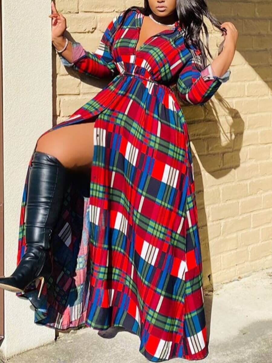 Plus Size Women Plaid Long Sleeve Dress 3