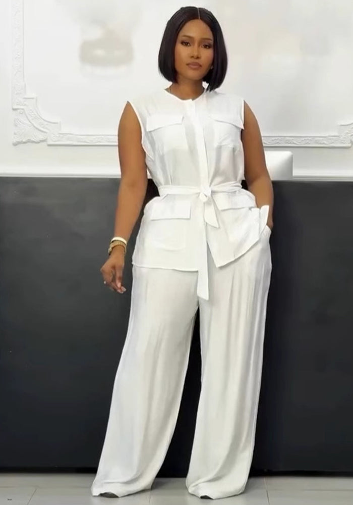 Career Casual Round Neck Lace-Up Sleeveless Vest & Wide-Leg Pants Set