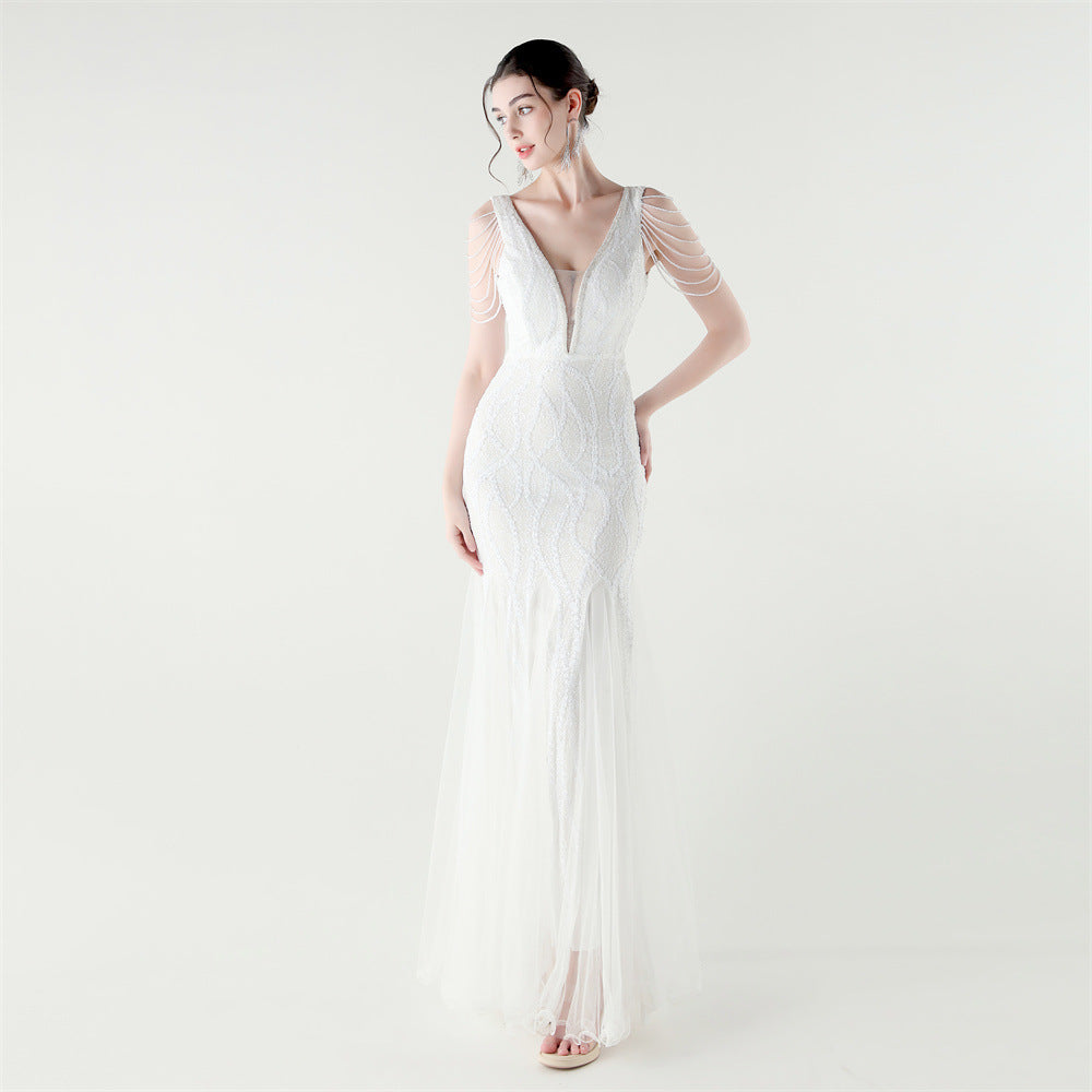 V-Neck Off-Shoulder Mesh Swing Luxury Slim Sequined Evening Dress 23