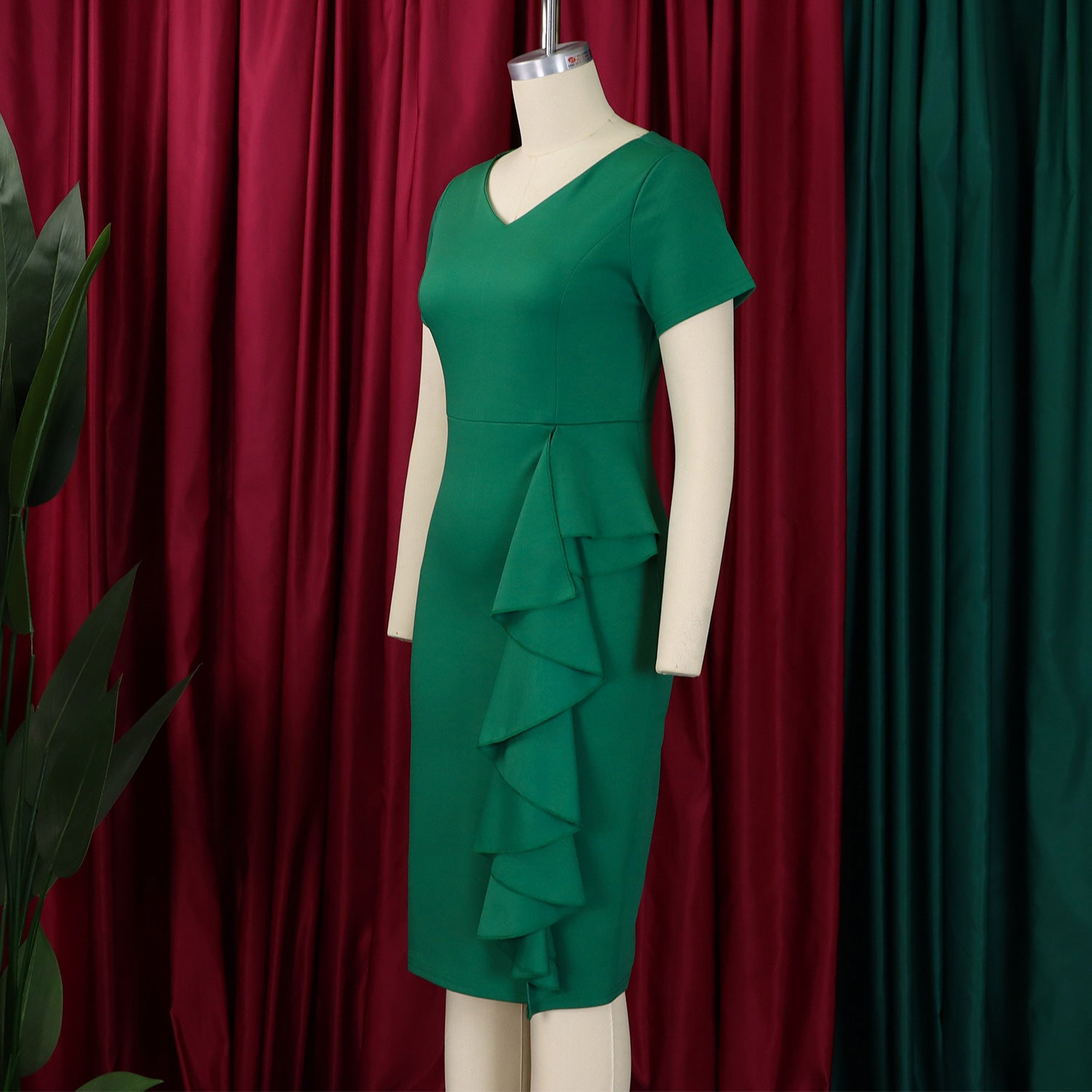 Plus Size Women Short Sleeve Solid Bodycon Ruffled African Dress 12