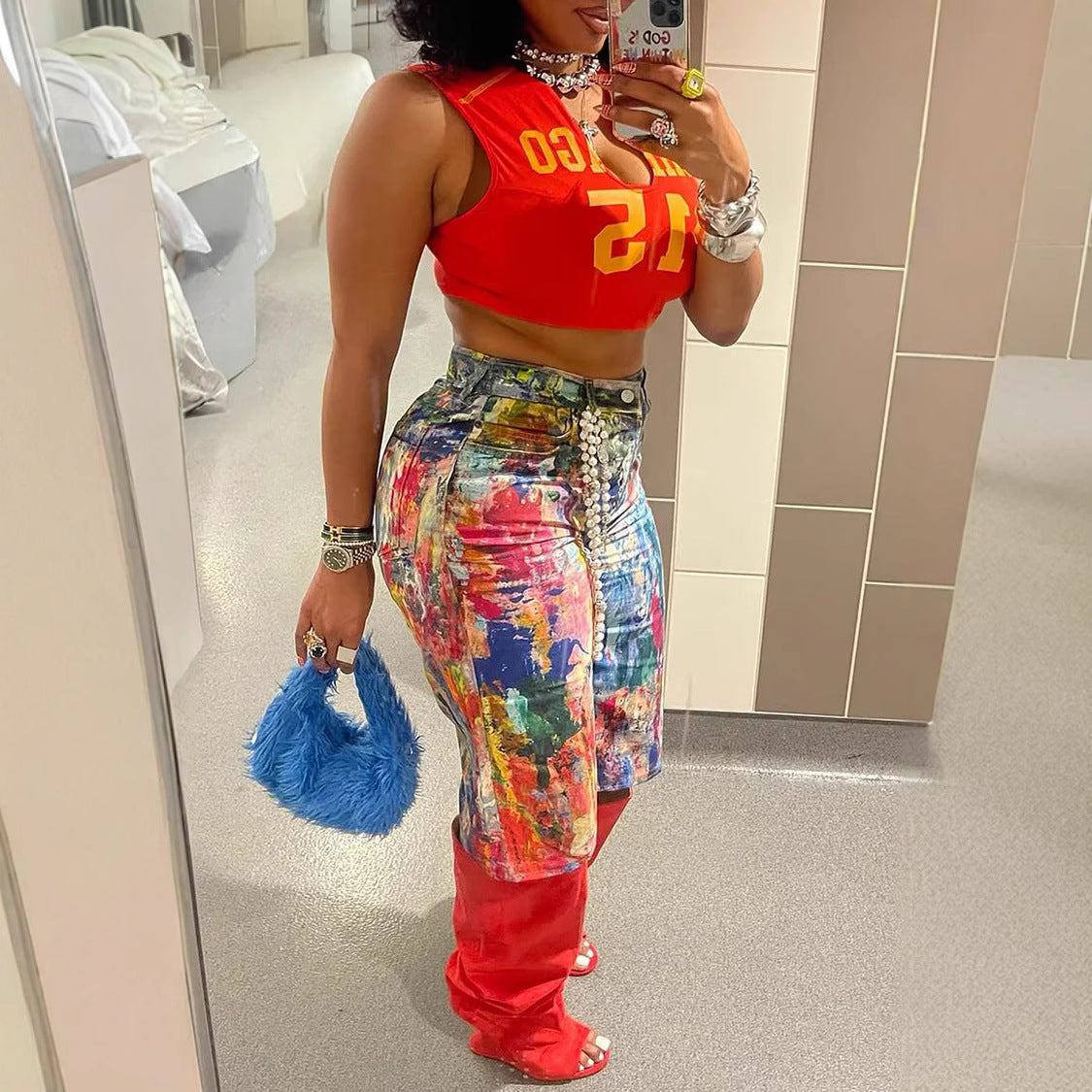 Women Summer Print Casual pocket denim shorts 4