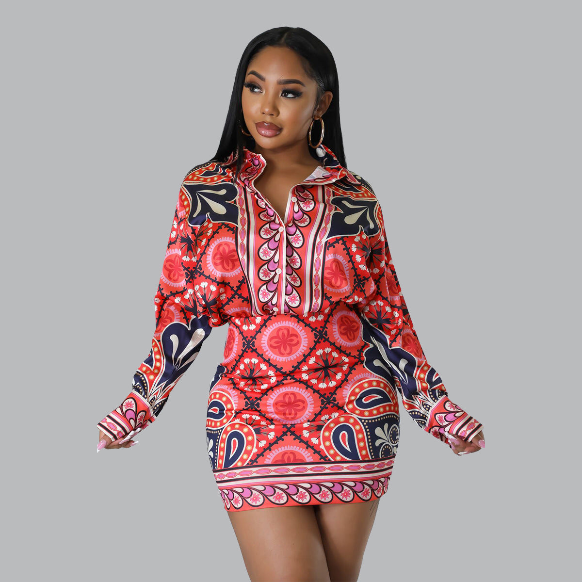 Casual Long Sleeve Printed Shirt Slim Short Skirt Sexy Two-Piece Set 5