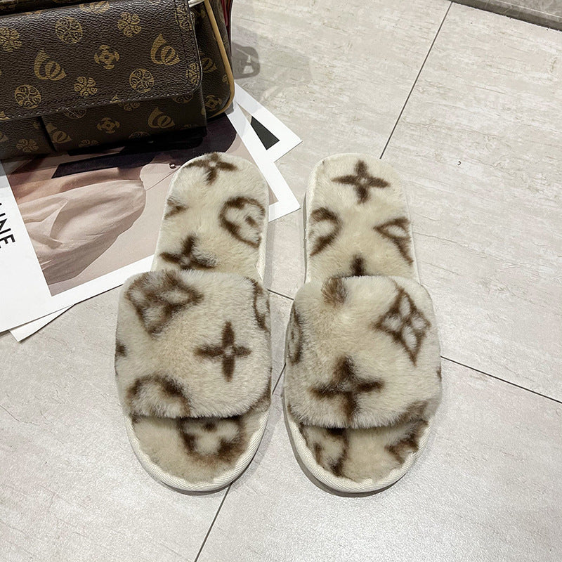 fur slipper women's home warm fur coat flat bottom open cotton slippers 11