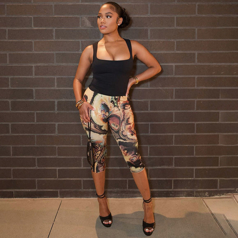 Women's Spring/Summer Print Elastic High-Waist Tight Slim Seven-Point Casual Pants