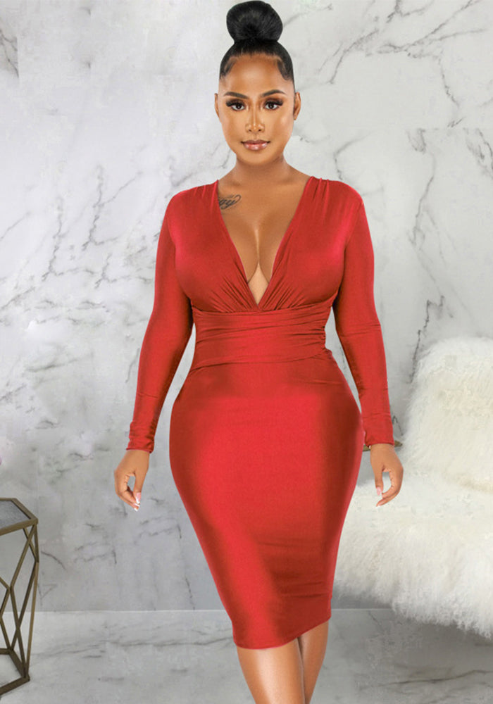 Women Sexy Solid Shiny Long Sleeve V-Neck Dress 5