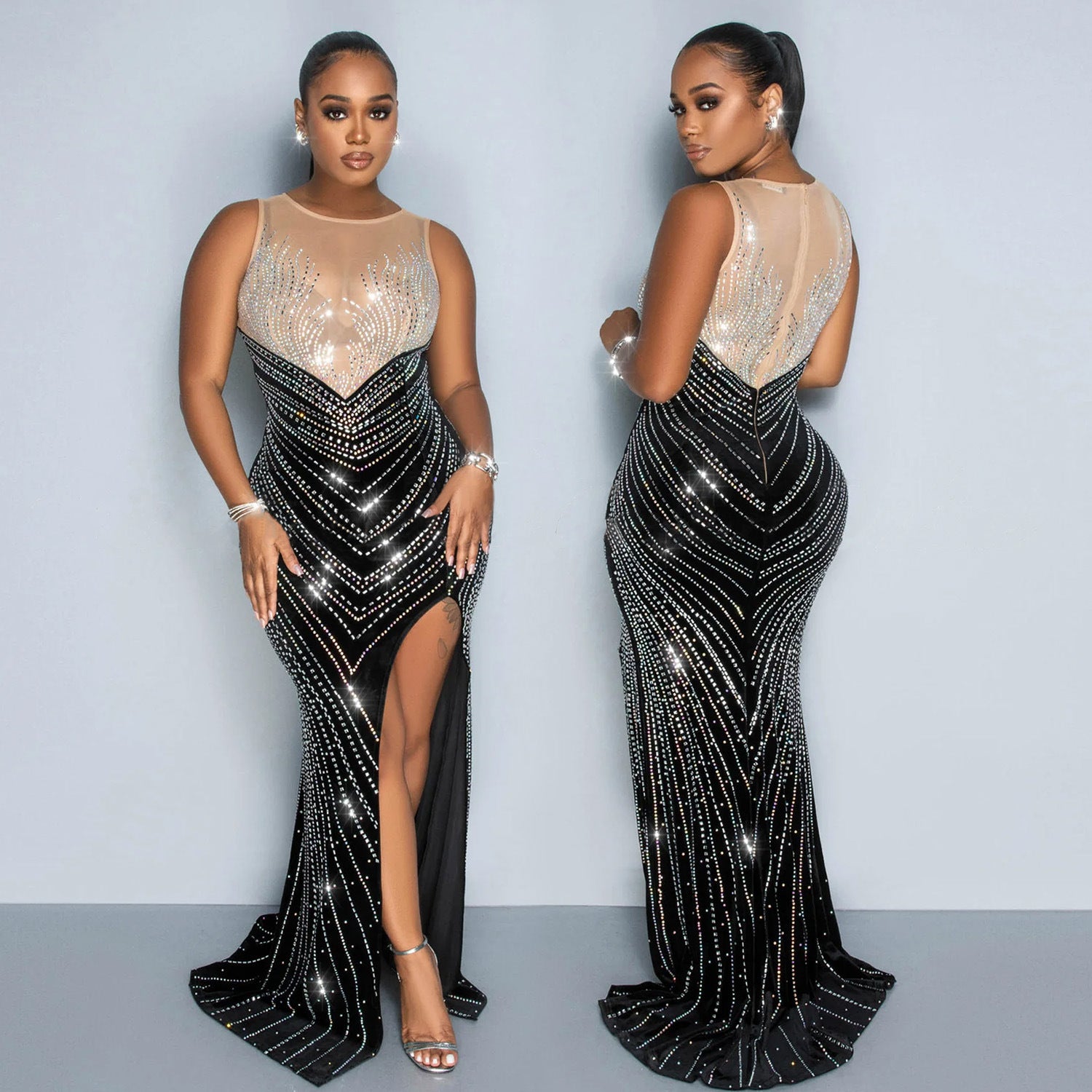 Spring Velvet Patchwork Mesh Beaded Sleeveless Nightclub Long Dress 5