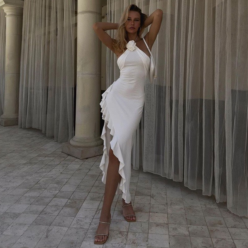 Women Sexy Halter Neck Flower Slit Dress 3