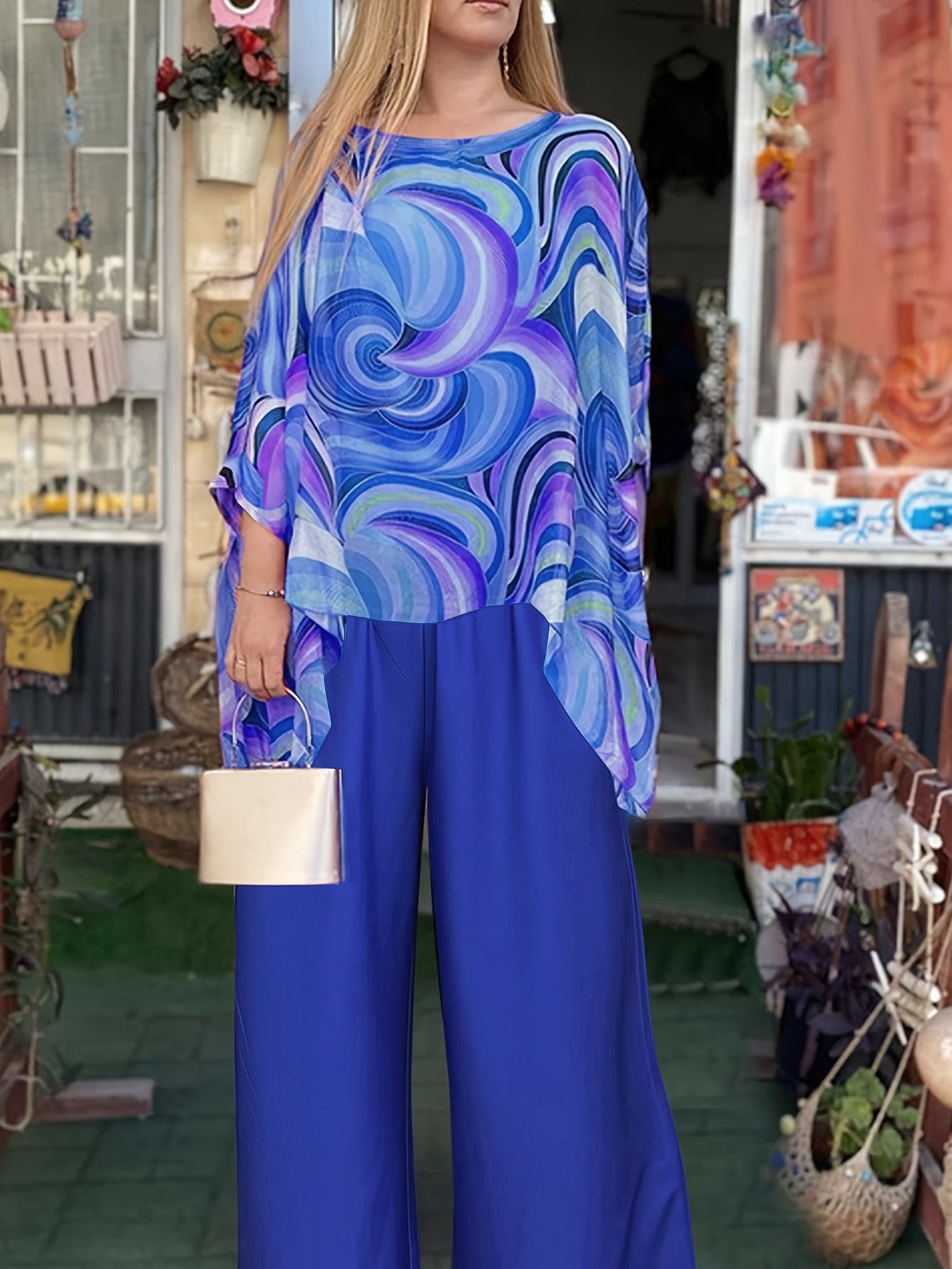 Women Elegant Round Neck Long Sleeve Top and Pants Two-piece Set 6