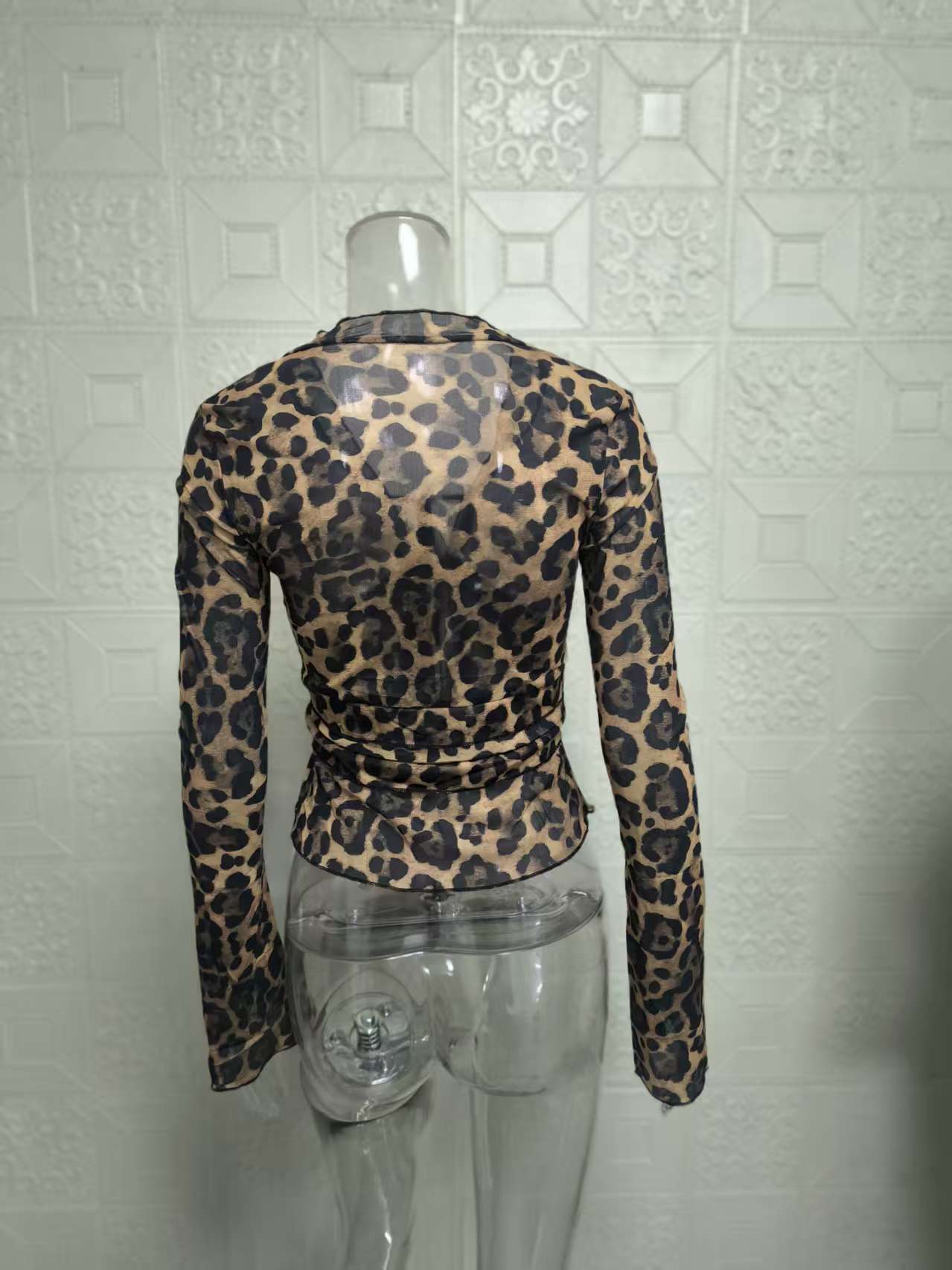 Women Sexy Leopard Print Long-Sleeved V-Neck Lace-Up See-Through Shirt Top 8