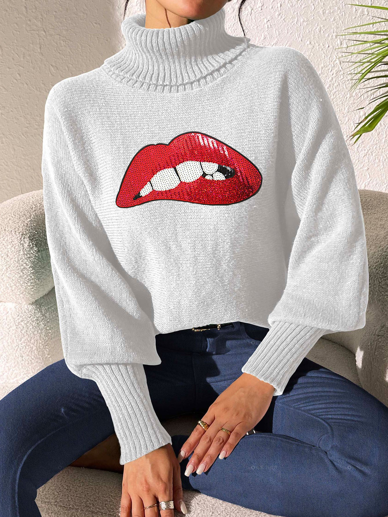 Autumn Winter Women's Sequin Lips Embroidery Turtleneck Pullover Sweater 20
