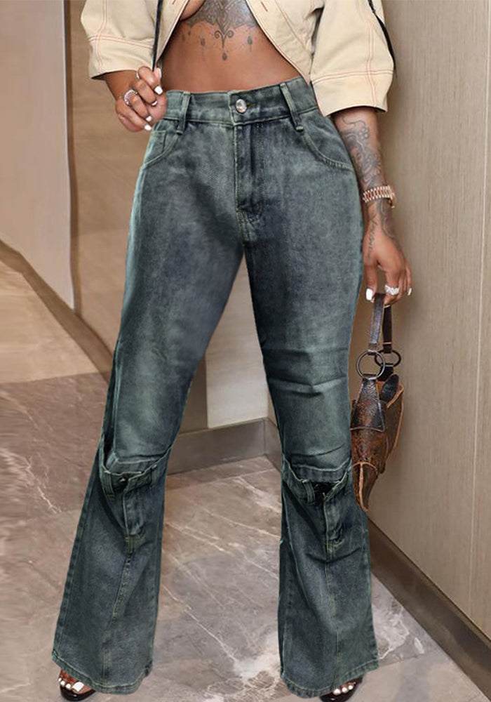 Women Washed Pocket Buttons Denim Pant