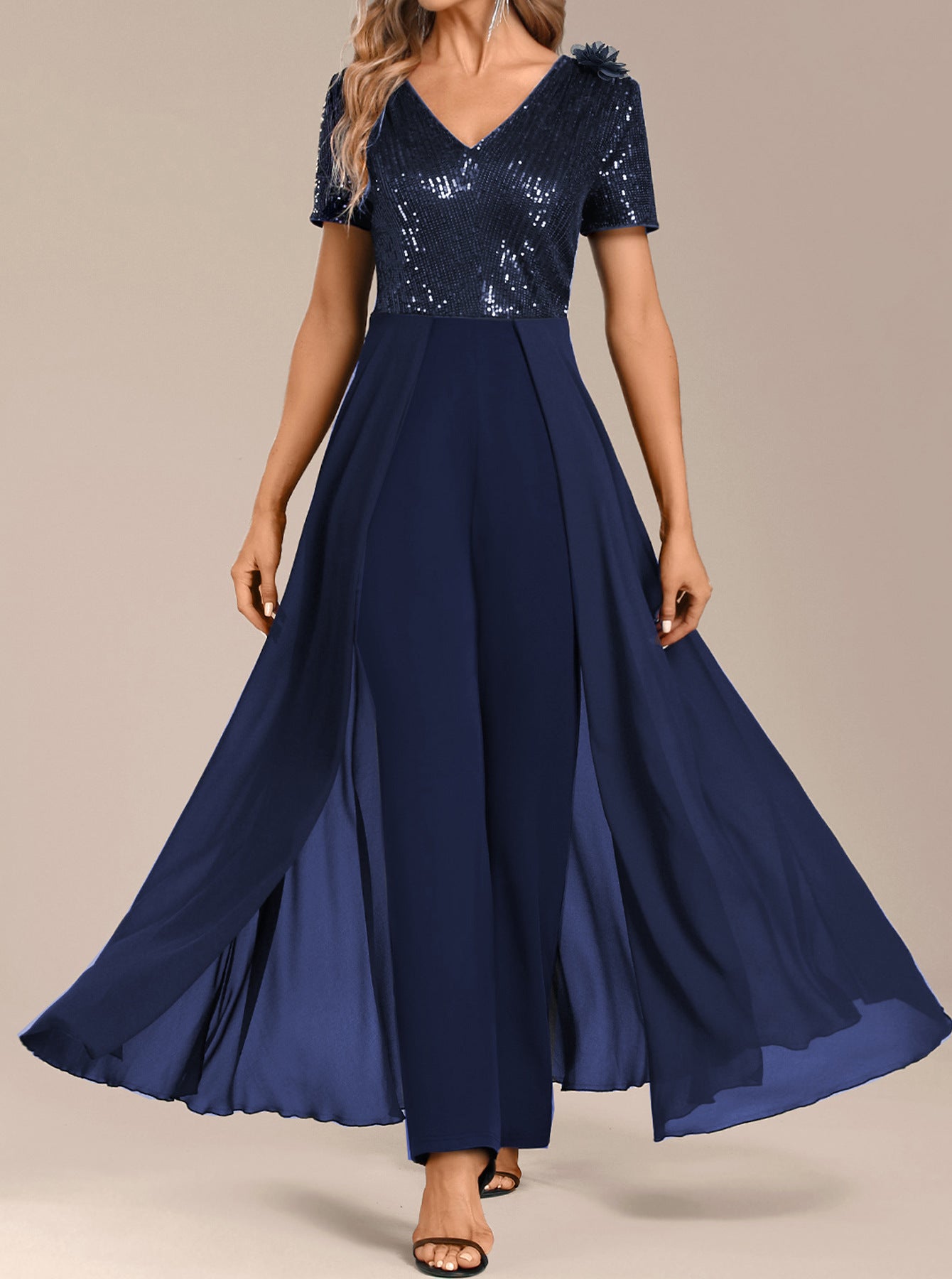 Women Solid Chiffon Sequin Patchwork Jumpsuit