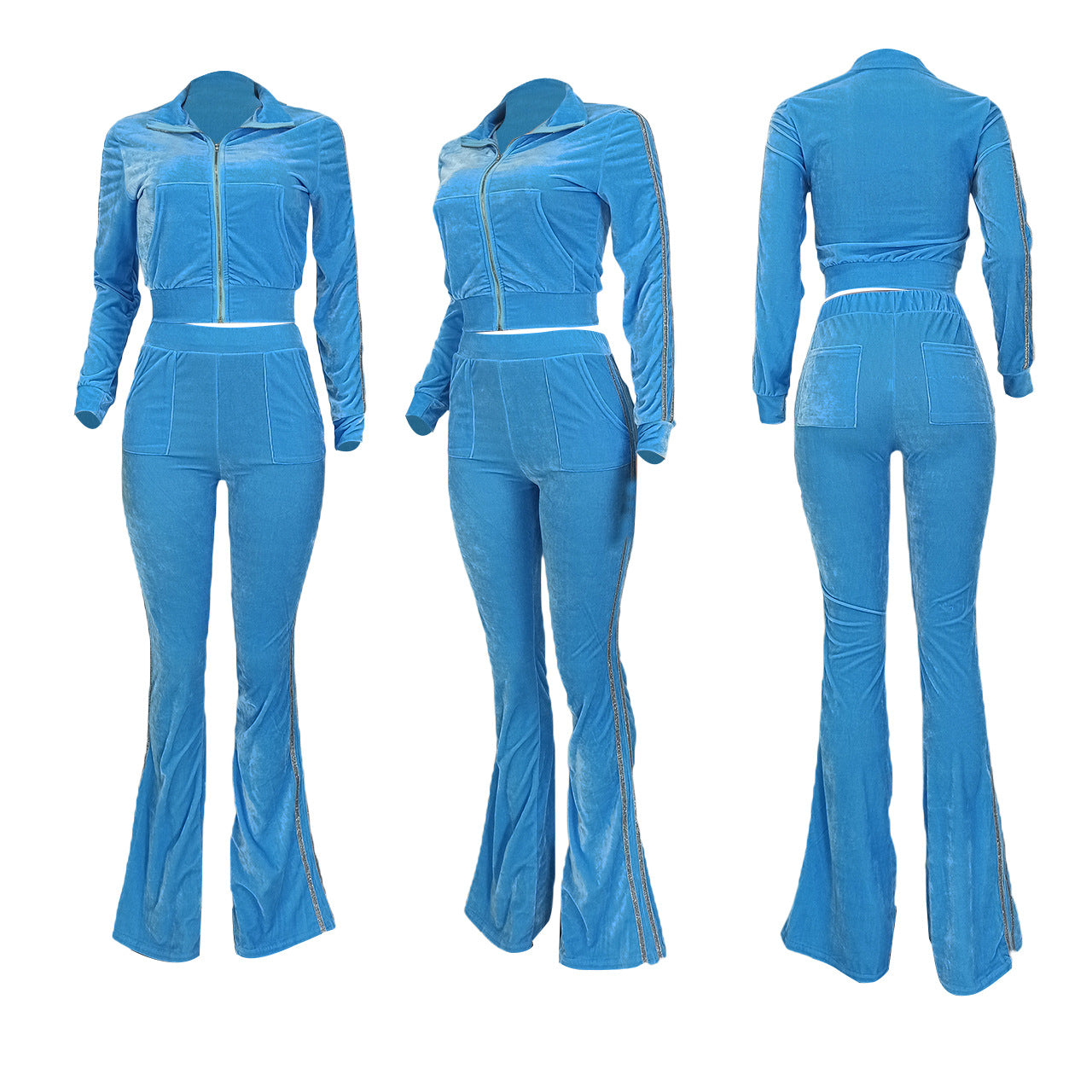 Women's Solid Velvet Casual Zip Top Wide Leg Pants Two Piece Tracksuit 59