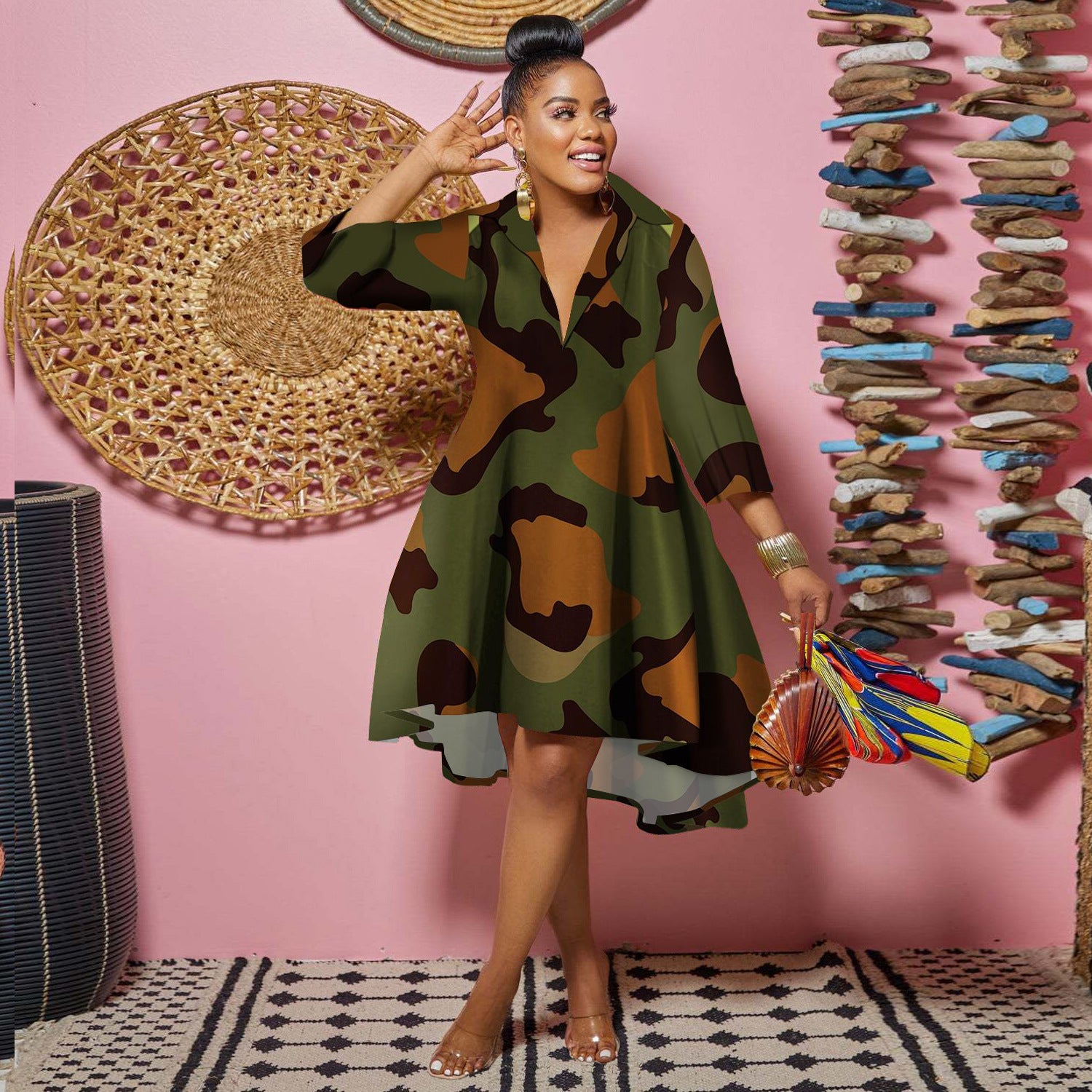 Women Casual Printed Deep v Turndown Collar Dress 6